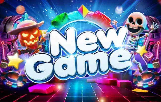 ภาพการ์ดหมวดเกมเปิดใหม่ พื้นหลังสีน้ำเงินสดและลานกระเบื้องเรืองแสงสีชมพู-ฟ้า กลางภาพเป็นข้อความ New Game ตัวอักษรสามมิติสีขาวขอบฟ้า ด้านซ้ายเป็นตัวการ์ตูนหัวฟักทองเรืองแสงสวมหมวกปีกกว้าง ด้านขวาเป็นโครงกระดูกการ์ตูนยิ้มชูแขน รอบภาพมีดาวสีเหลือง ชิป และบล็อกสีสดลอยอยู่